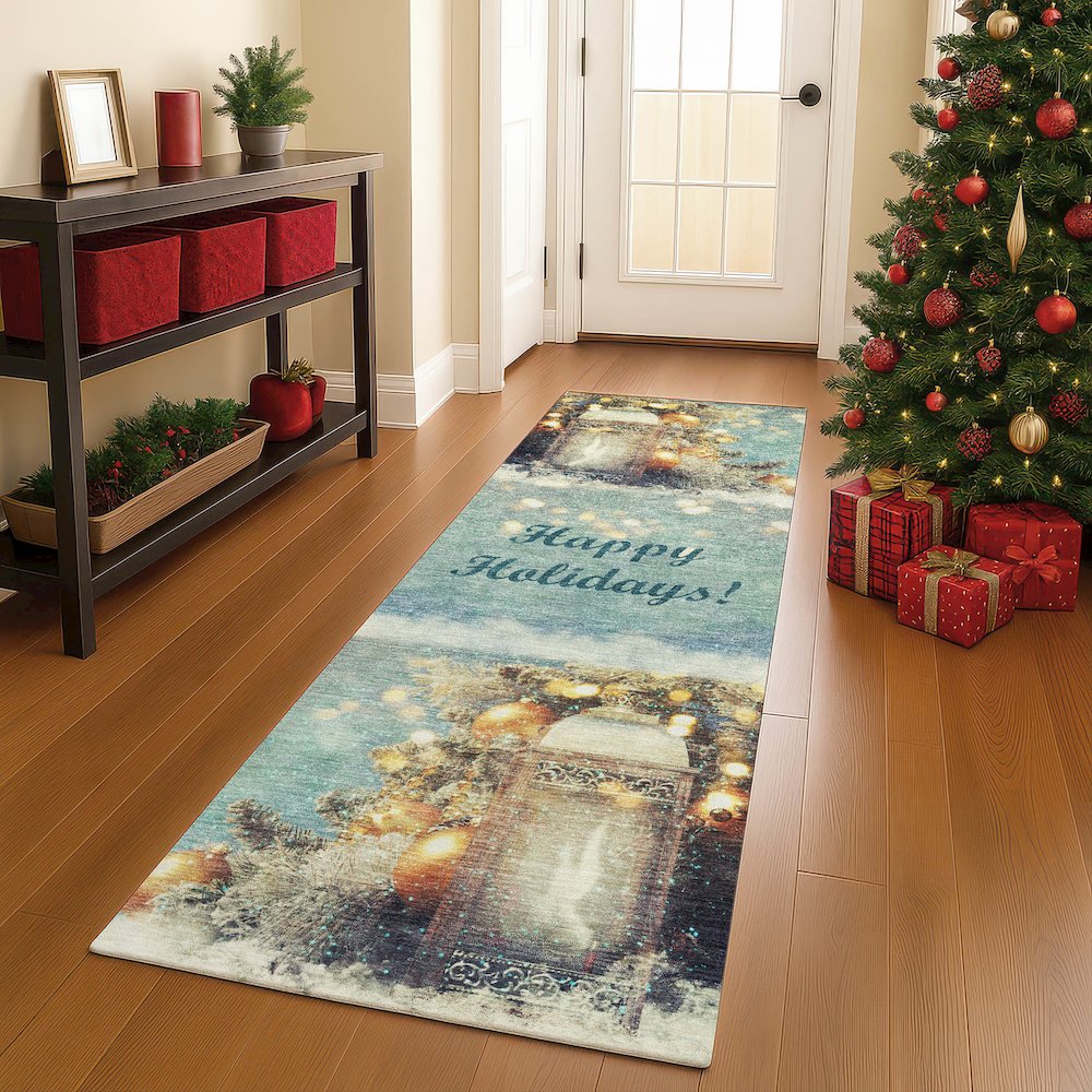 Luxury Washable Indoor/Outdoor Merry & Bright Skydust 2'3" x 7'6" Runner Rug. Picture 5