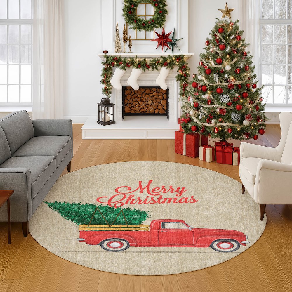Luxury Washable Indoor/Outdoor Merry & Bright Putty 8' x 8' Round Rug. Picture 5