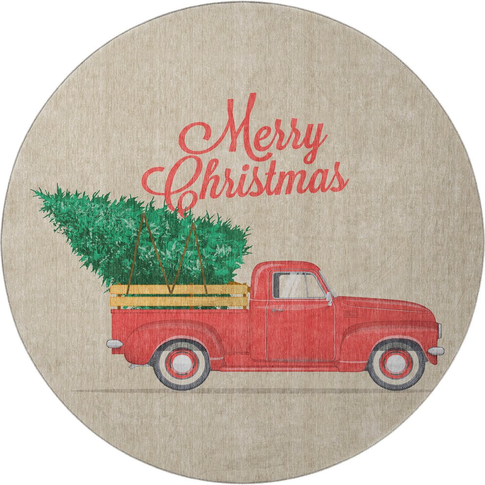 Luxury Washable Indoor/Outdoor Merry & Bright Putty 8' x 8' Round Rug. Picture 1
