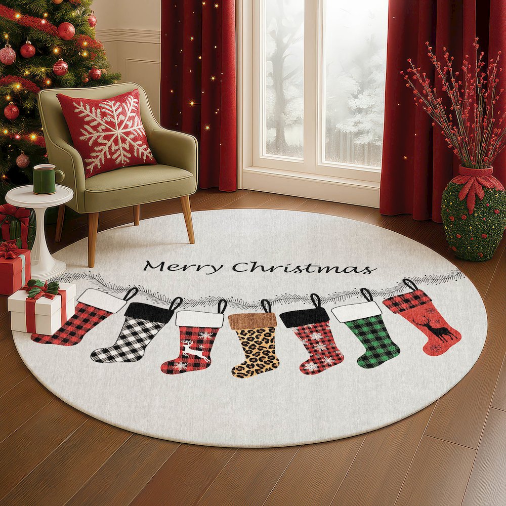 Luxury Washable Indoor/Outdoor Merry & Bright Silver 8' x 8' Round Rug. Picture 5