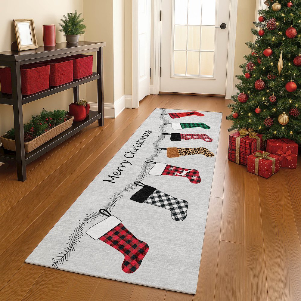 Luxury Washable Indoor/Outdoor Merry & Bright Silver 2'3" x 7'6" Runner Rug. Picture 5