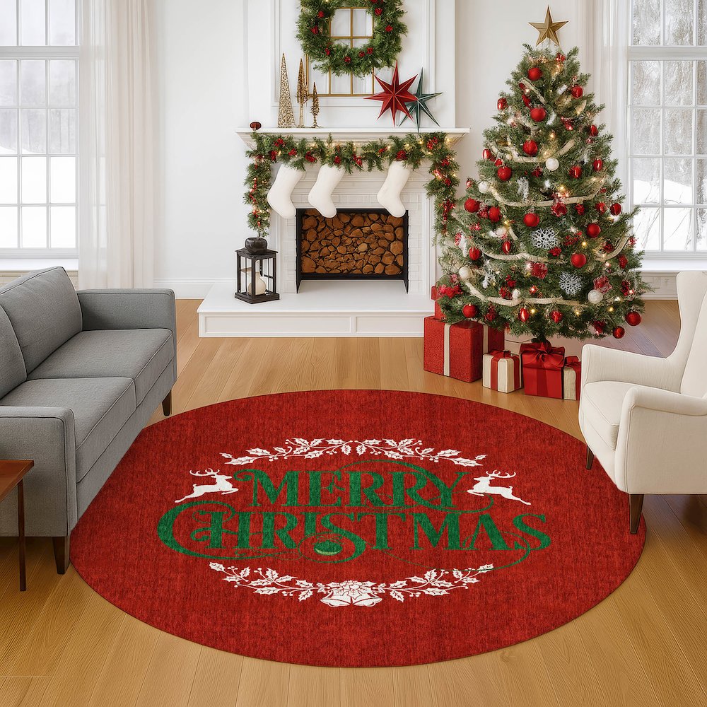 Luxury Washable Indoor/Outdoor Merry & Bright Red 8' x 8' Round Rug. Picture 5
