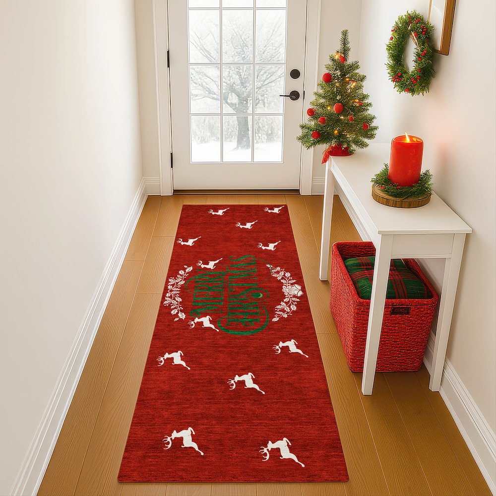Luxury Washable Indoor/Outdoor Merry & Bright Red 2'3" x 7'6" Runner Rug. Picture 5