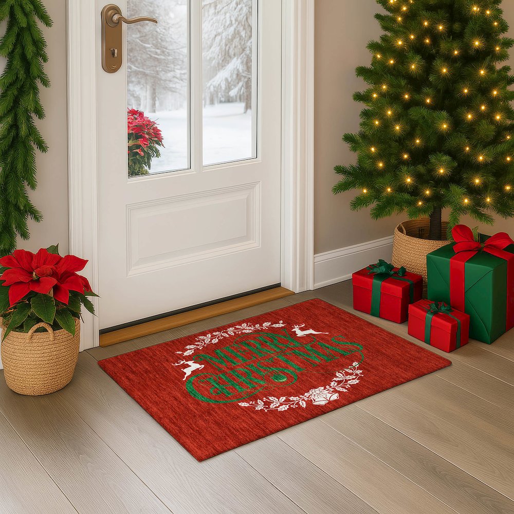 Luxury Washable Indoor/Outdoor Merry & Bright Red 1'8" x 2'6" Rug. Picture 5