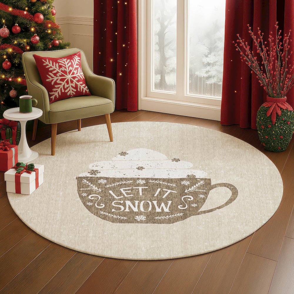 Luxury Washable Indoor/Outdoor Merry & Bright Beige 8' x 8' Round Rug. Picture 5