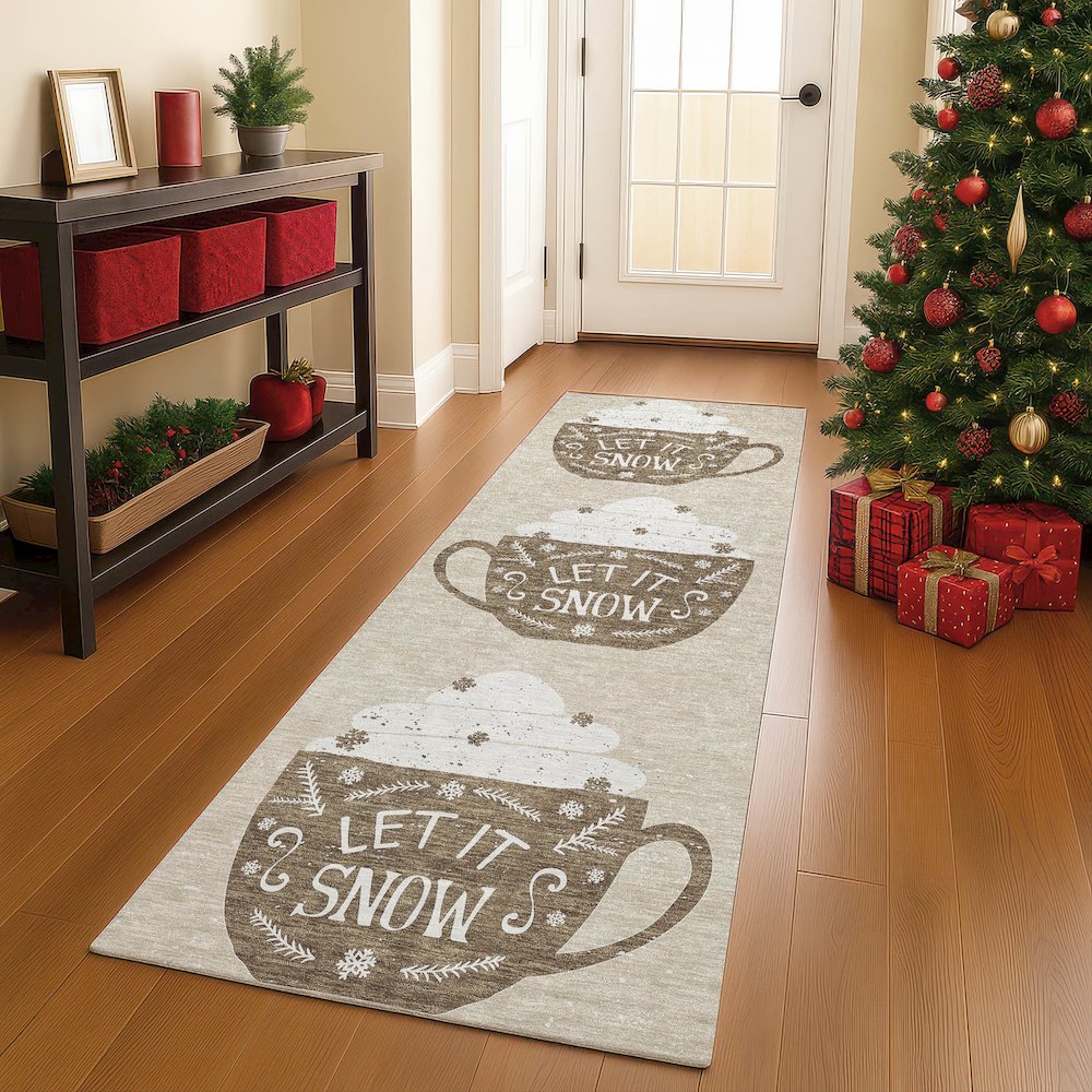 Luxury Washable Indoor/Outdoor Merry & Bright Beige 2'3" x 7'6" Runner Rug. Picture 5