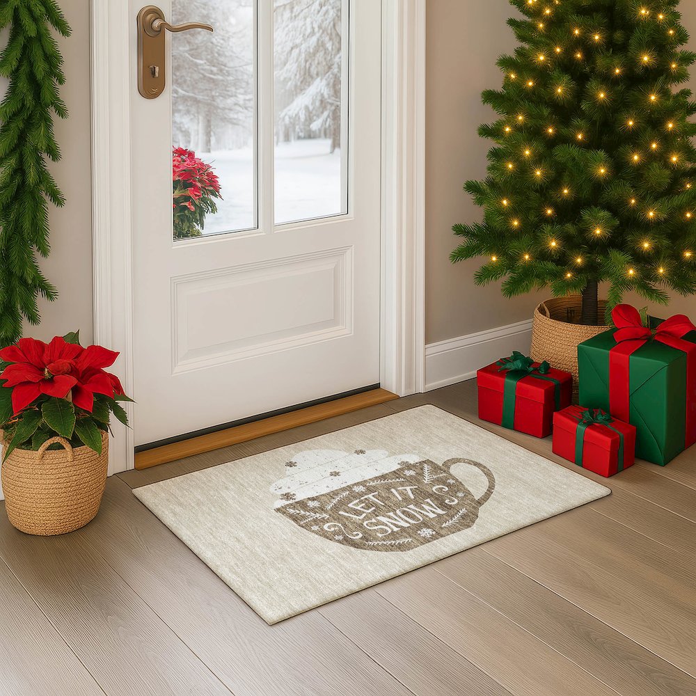 Luxury Washable Indoor/Outdoor Merry & Bright Beige 1'8" x 2'6" Rug. Picture 5