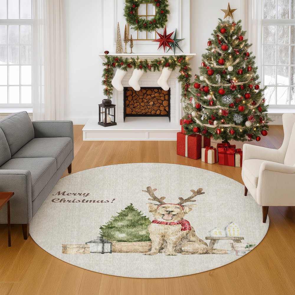 Luxury Washable Indoor/Outdoor Merry & Bright Beige 8' x 8' Round Rug. Picture 5