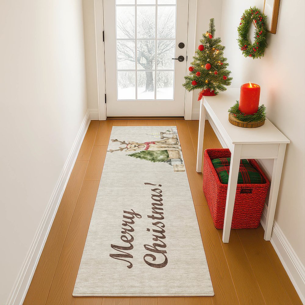 Luxury Washable Indoor/Outdoor Merry & Bright Beige 2'3" x 7'6" Runner Rug. Picture 5