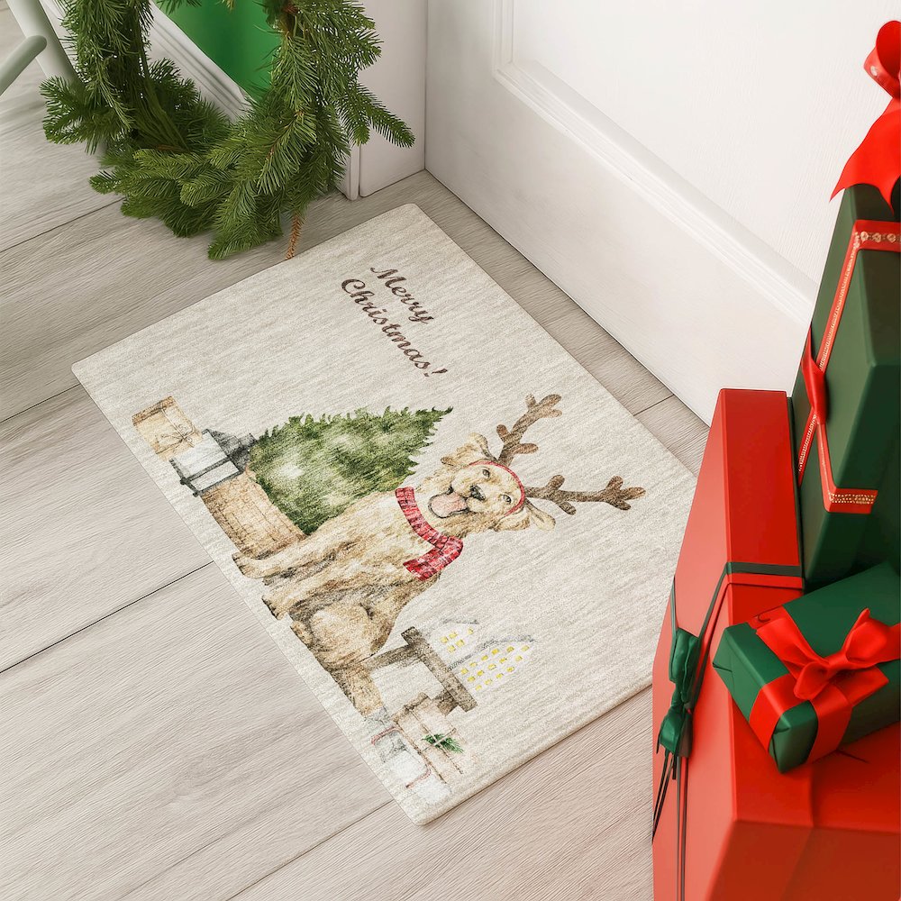 Luxury Washable Indoor/Outdoor Merry & Bright Beige 1'8" x 2'6" Rug. Picture 5