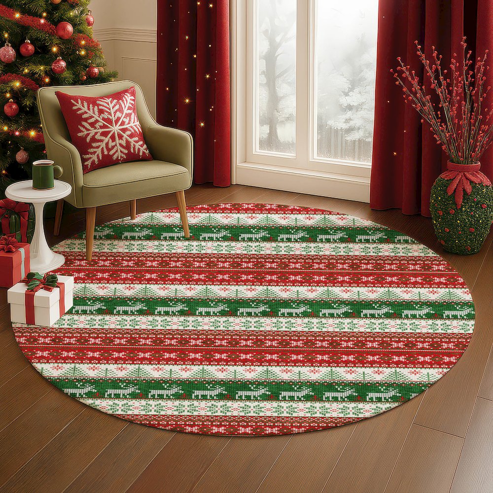 Luxury Washable Indoor/Outdoor Merry & Bright Red 8' x 8' Round Rug. Picture 5