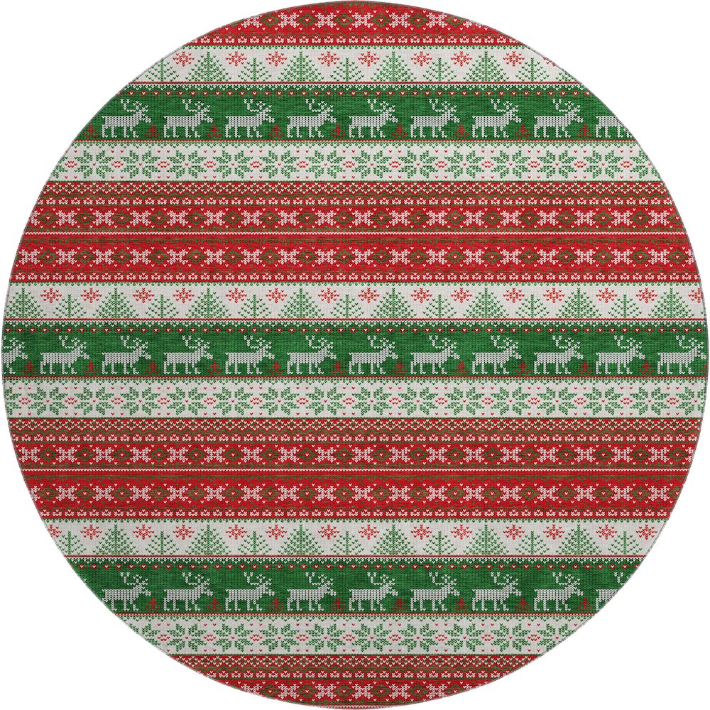 Luxury Washable Indoor/Outdoor Merry & Bright Red 8' x 8' Round Rug. Picture 1