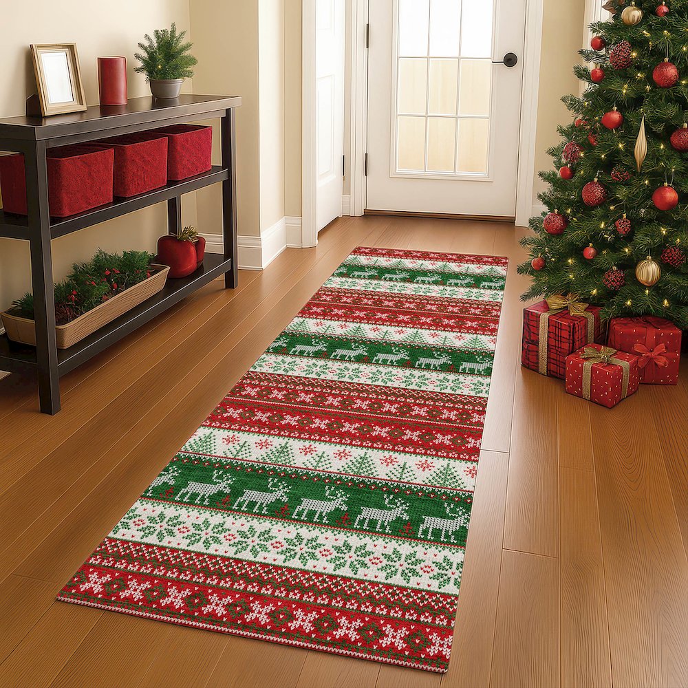 Luxury Washable Indoor/Outdoor Merry & Bright Red 2'3" x 7'6" Runner Rug. Picture 5