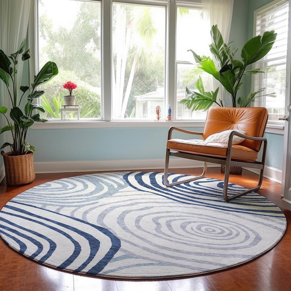 Machine Washable Indoor/Outdoor Neo Blue 8' x 8' Round Rug. Picture 5