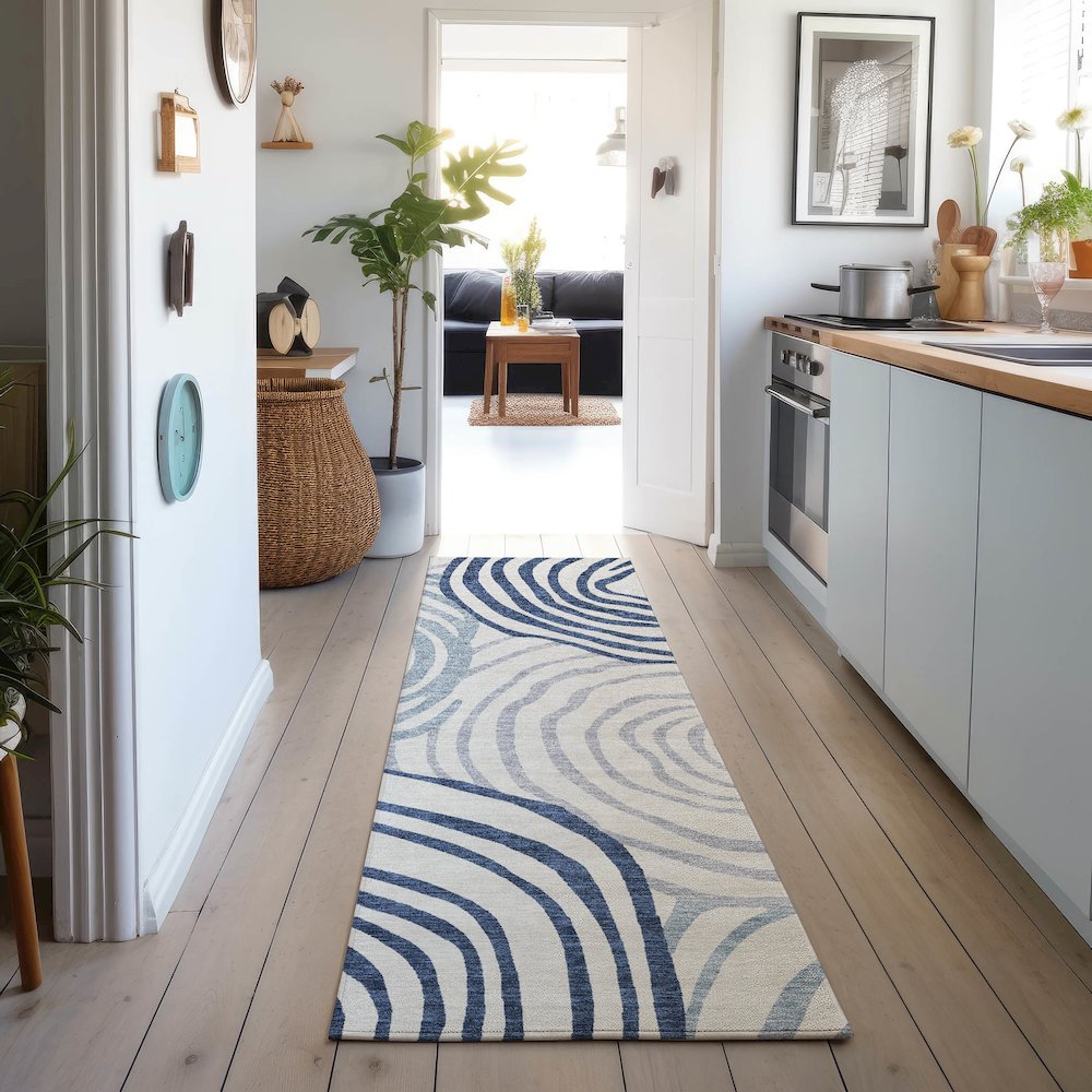 Machine Washable Indoor/Outdoor Neo Blue 2'3" x 7'6" Runner Rug. Picture 5