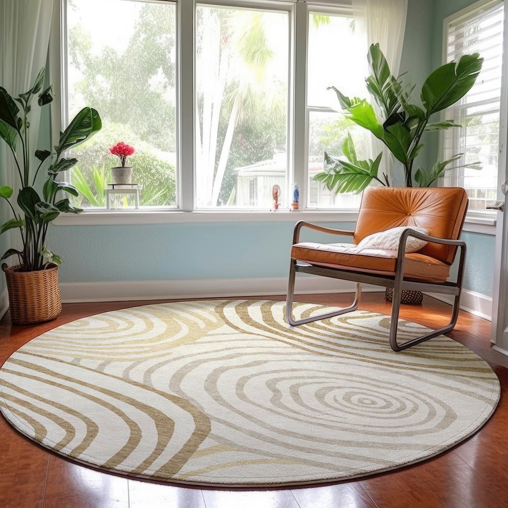 Machine Washable Indoor/Outdoor Neo Gold 8' x 8' Round Rug. Picture 5