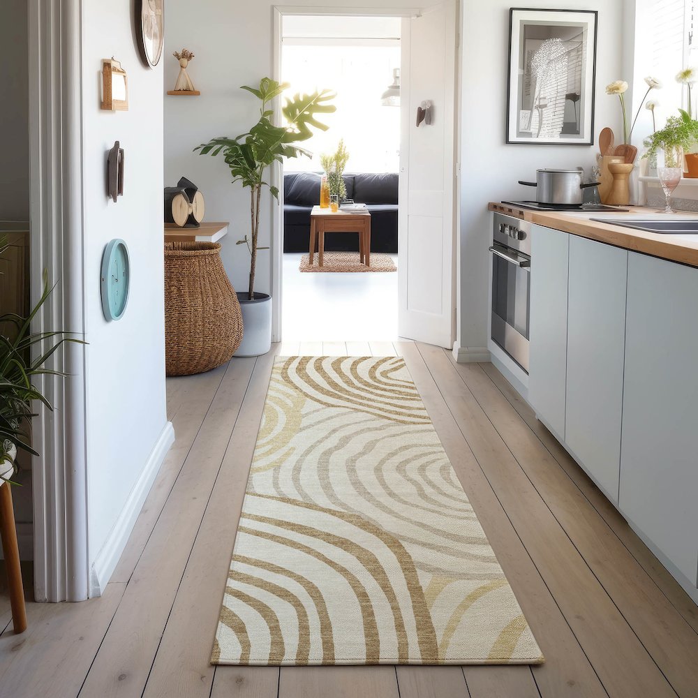 Machine Washable Indoor/Outdoor Neo Gold 2'3" x 7'6" Runner Rug. Picture 5