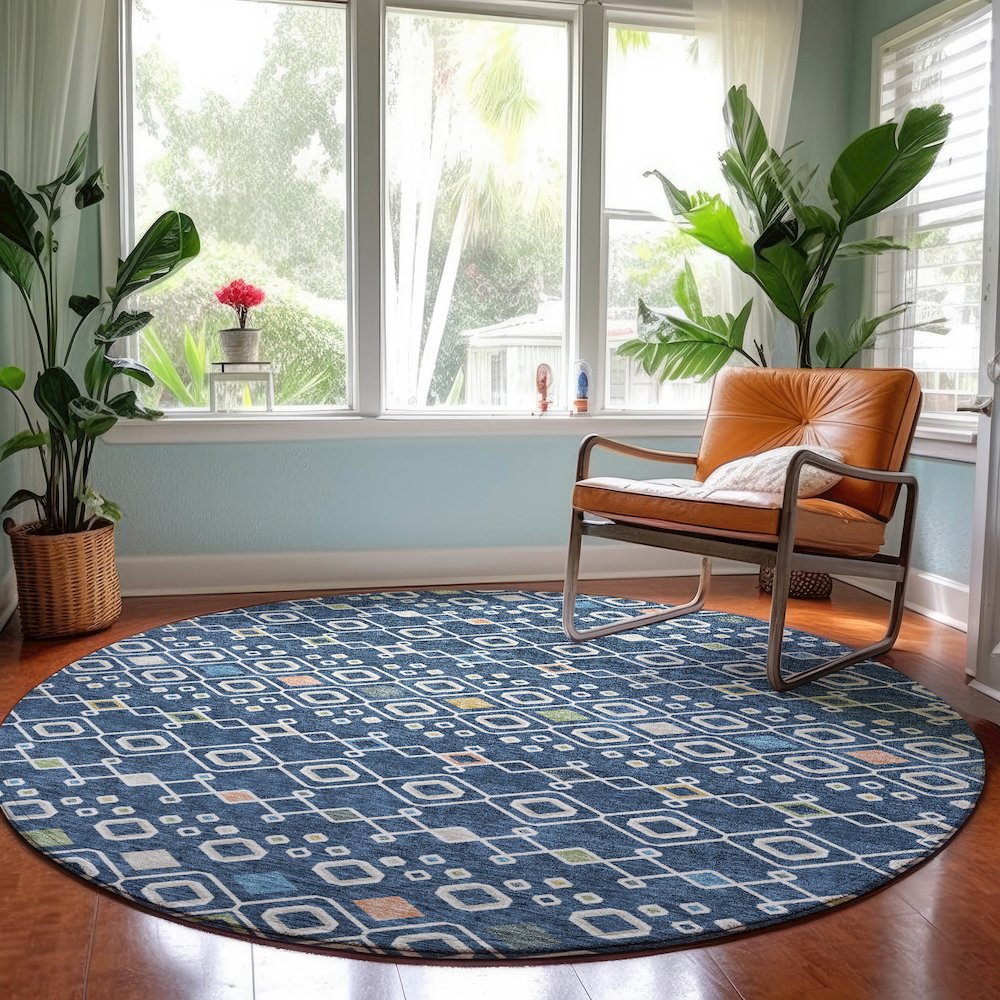 Machine Washable Indoor/Outdoor Neo Navy 8' x 8' Round Rug. Picture 5