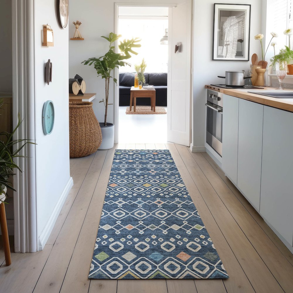 Machine Washable Indoor/Outdoor Neo Navy 2'3" x 7'6" Runner Rug. Picture 5