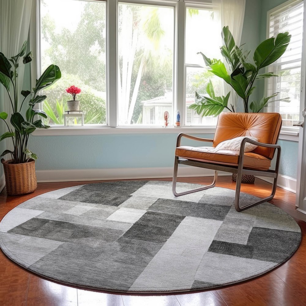 Machine Washable Indoor/Outdoor Neo Pewter 8' x 8' Round Rug. Picture 5