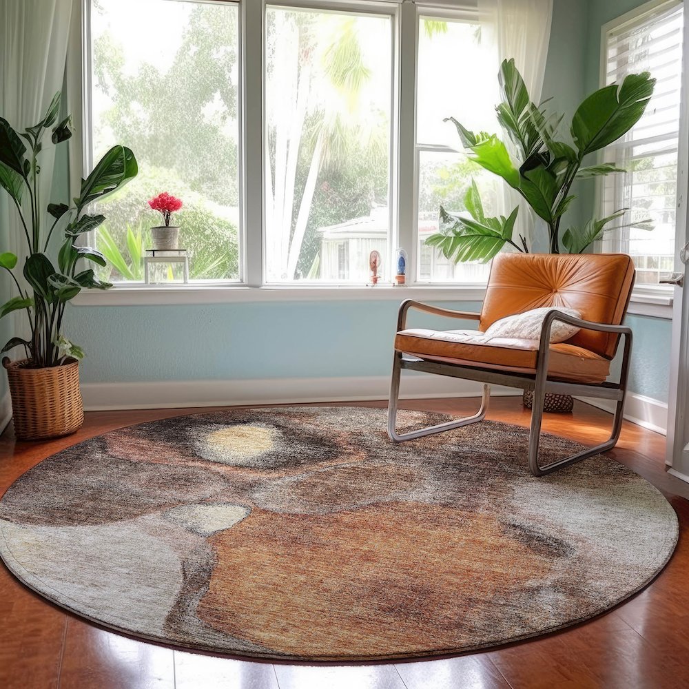Machine Washable Indoor/Outdoor Neo Coffee 8' x 8' Round Rug. Picture 5