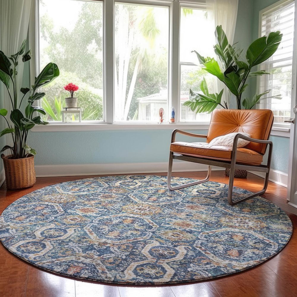 Machine Washable Indoor/Outdoor Neo Denim 8' x 8' Round Rug. Picture 5
