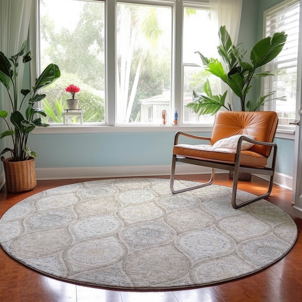 Machine Washable Indoor/Outdoor Neo Linen 8' x 8' Round Rug. Picture 5