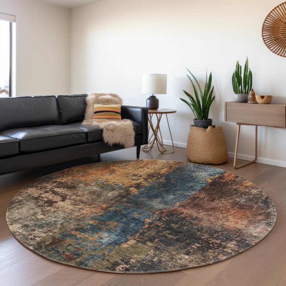 Indoor/Outdoor Nouveau Blue 8' x 8' Round Rug. Picture 5