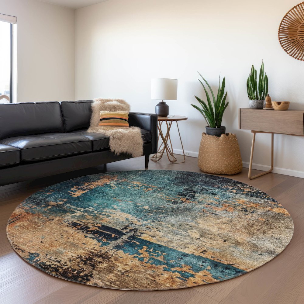 Indoor/Outdoor Nouveau Teal 8' x 8' Round Rug. Picture 5