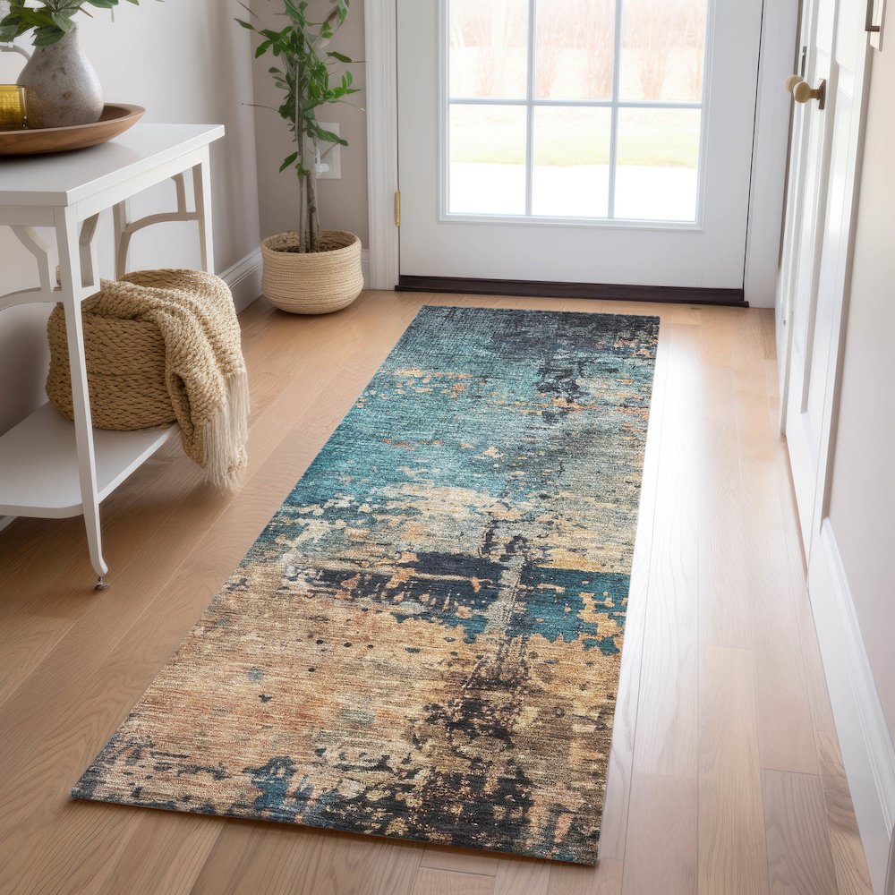 Indoor/Outdoor Nouveau Teal 2'3" x 7'6" Runner Rug. Picture 5