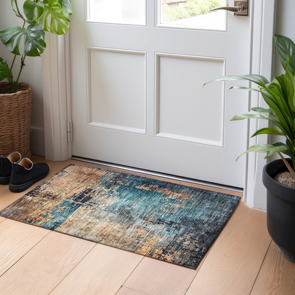 Indoor/Outdoor Nouveau Teal 1'8" x 2'6" Rug. Picture 5