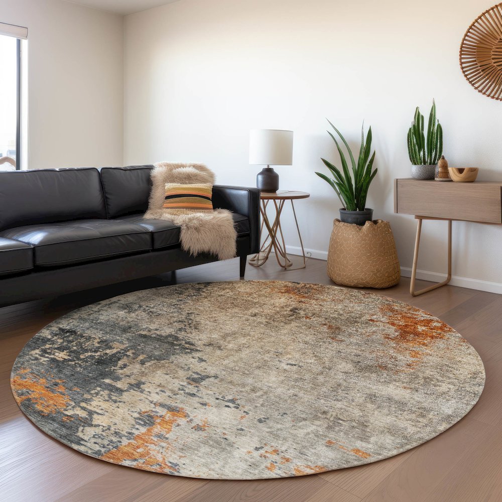 Indoor/Outdoor Nouveau Khaki 8' x 8' Round Rug. Picture 5