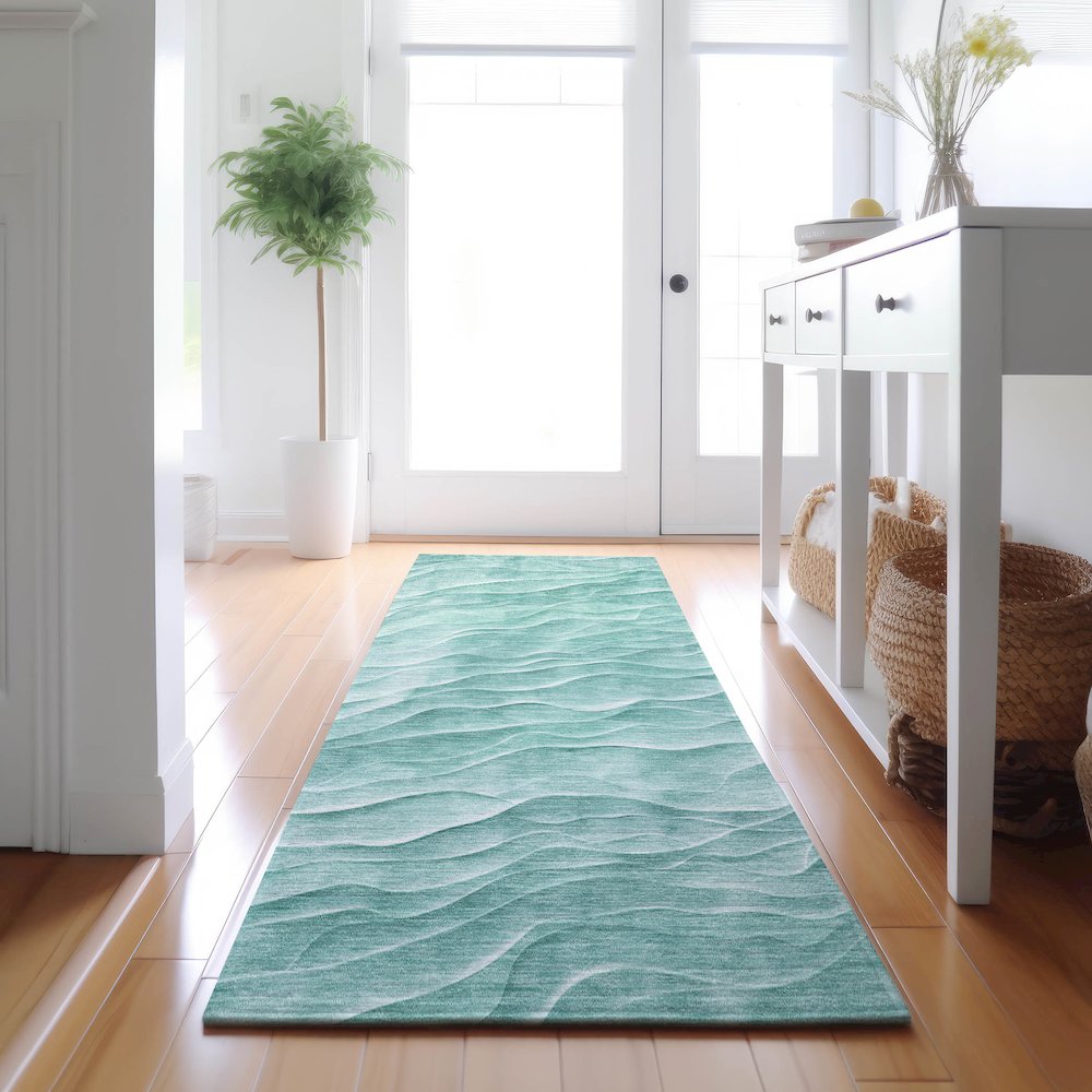 Machine Washable Indoor/Outdoor Pacifica Aqua 2'3" x 7'6" Runner Rug. Picture 5