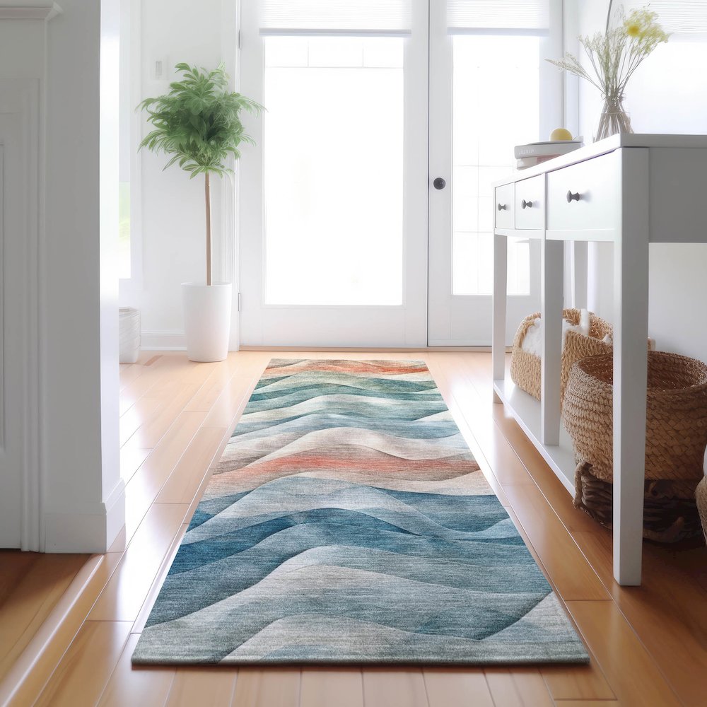 Machine Washable Indoor/Outdoor Pacifica Teal 2'3" x 7'6" Runner Rug. Picture 5