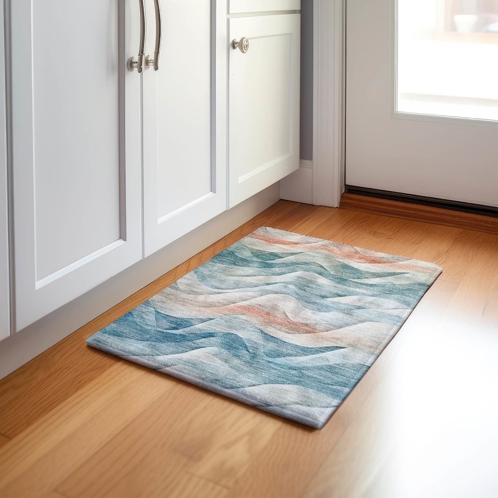 Machine Washable Indoor/Outdoor Pacifica Teal 1'8" x 2'6" Rug. Picture 5