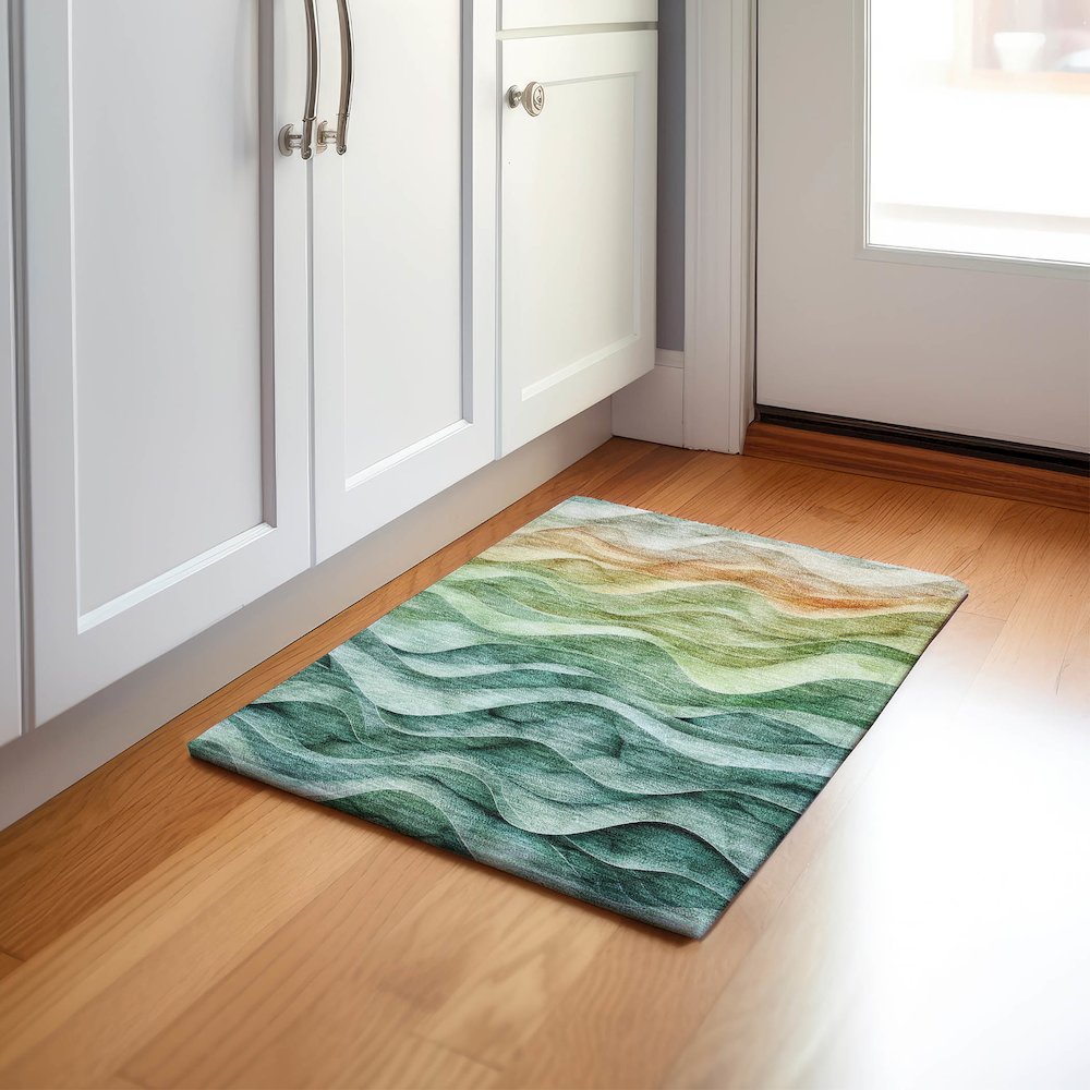 Machine Washable Indoor/Outdoor Pacifica Teal 1'8" x 2'6" Rug. Picture 5