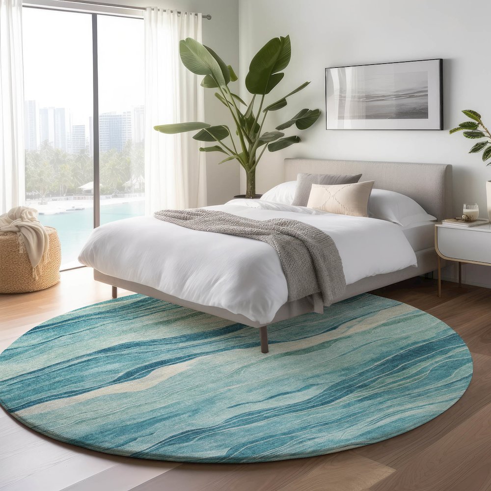 Machine Washable Indoor/Outdoor Pacifica Turquoise 8' x 8' Round Rug. Picture 5