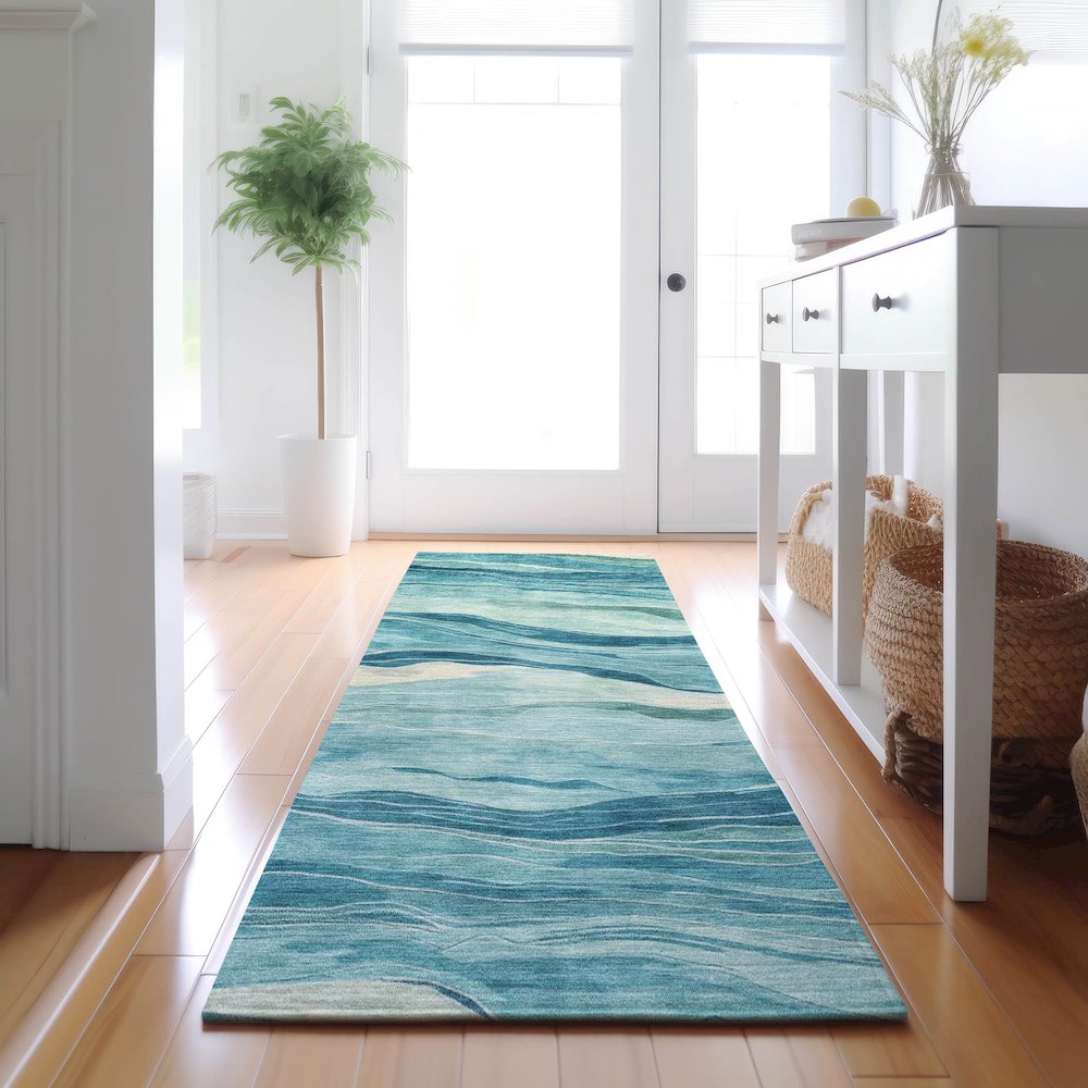Machine Washable Indoor/Outdoor Pacifica Turquoise 2'3" x 7'6" Runner Rug. Picture 5