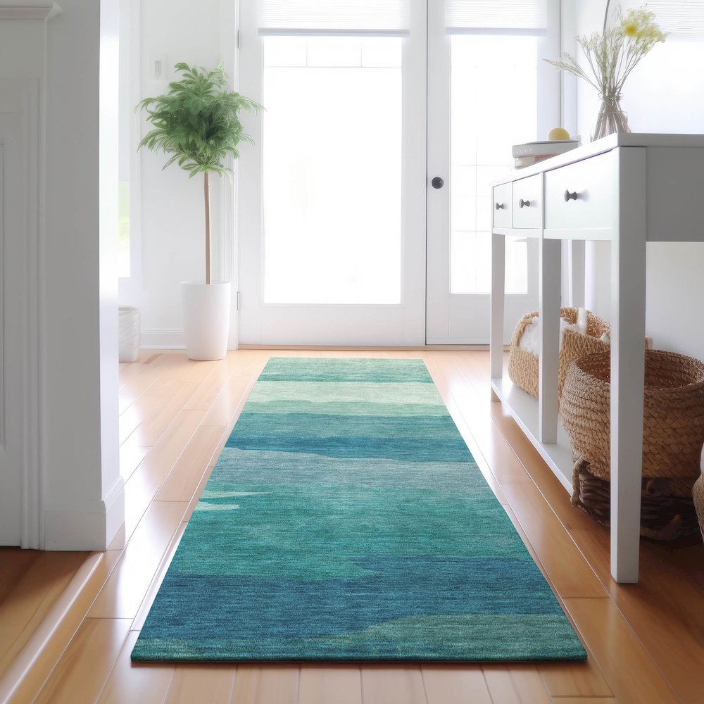 Machine Washable Indoor/Outdoor Pacifica Turquoise 2'3" x 7'6" Runner Rug. Picture 5