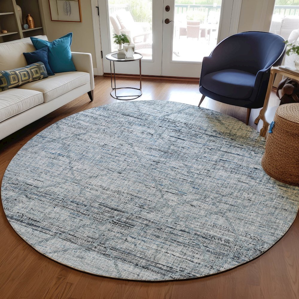 Luxury Washable Indoor/Outdoor Portico Blue 8' x 8' Round Rug. Picture 5