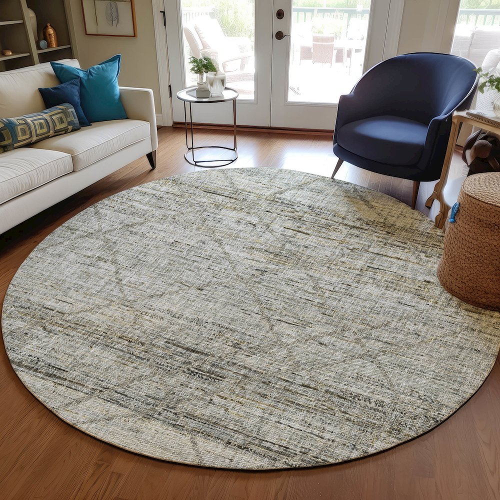 Luxury Washable Indoor/Outdoor Portico Pewter 8' x 8' Round Rug. Picture 5