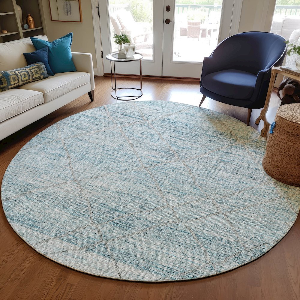 Luxury Washable Indoor/Outdoor Portico Teal 8' x 8' Round Rug. Picture 5