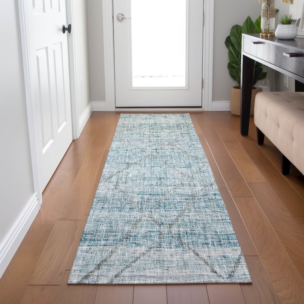 Luxury Washable Indoor/Outdoor Portico Teal 2'3" x 7'6" Runner Rug. Picture 5