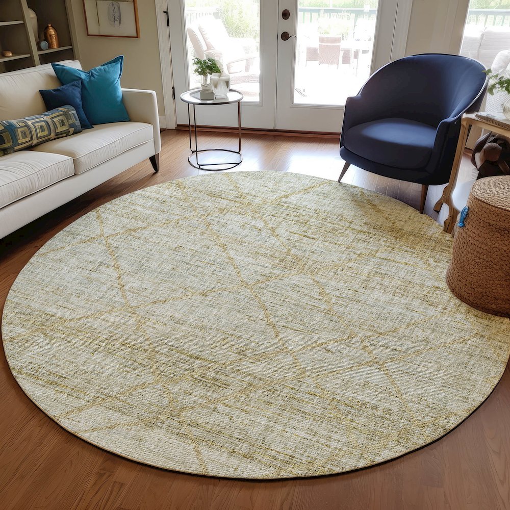 Luxury Washable Indoor/Outdoor Portico Wheat 8' x 8' Round Rug. Picture 5