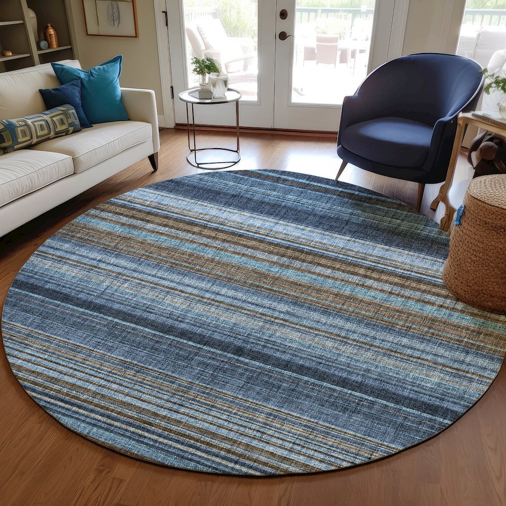 Luxury Washable Indoor/Outdoor Portico Navy 8' x 8' Round Rug. Picture 5