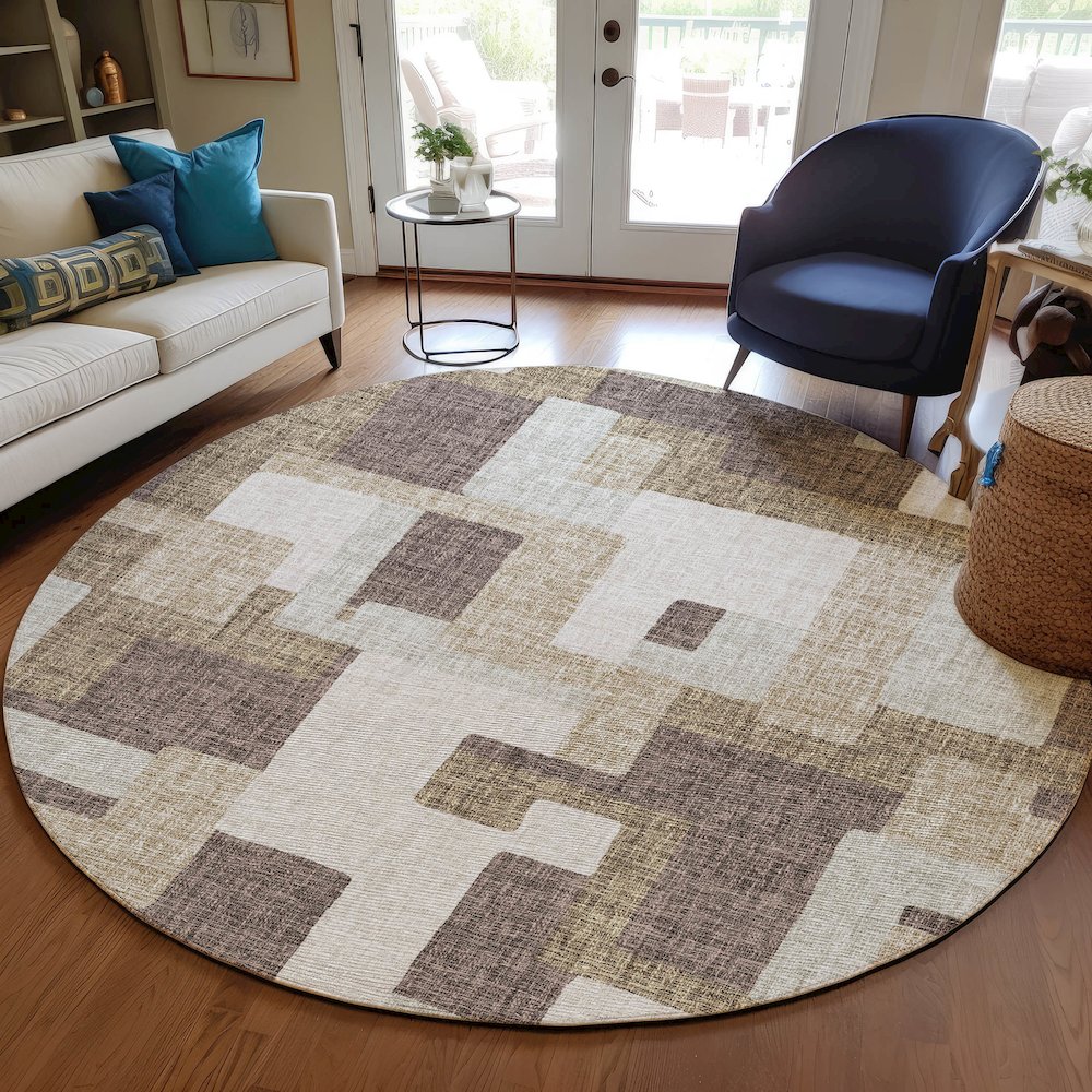 Luxury Washable Indoor/Outdoor Portico Brown 8' x 8' Round Rug. Picture 5