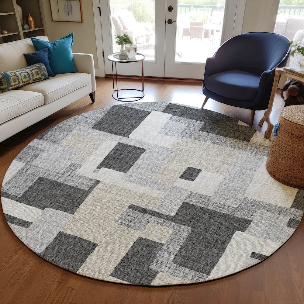 Luxury Washable Indoor/Outdoor Portico Gray 8' x 8' Round Rug. Picture 5
