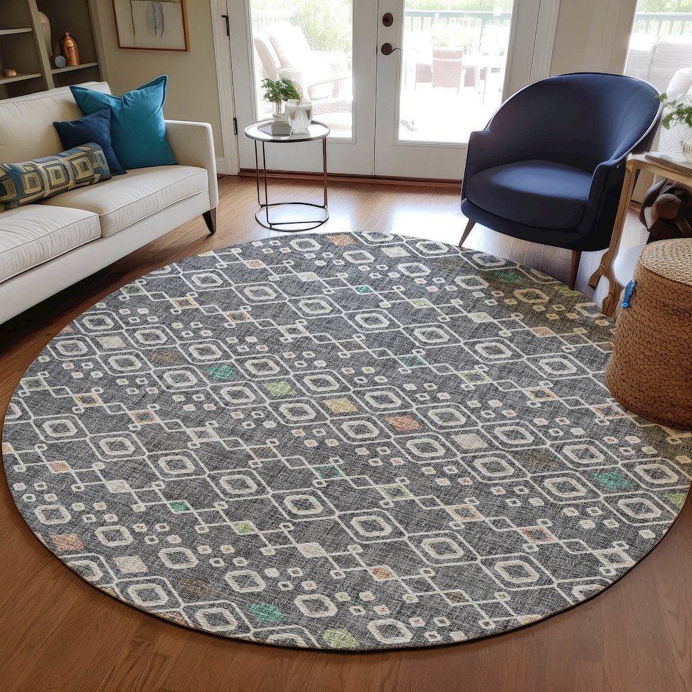 Luxury Washable Indoor/Outdoor Portico Gray 8' x 8' Round Rug. Picture 5