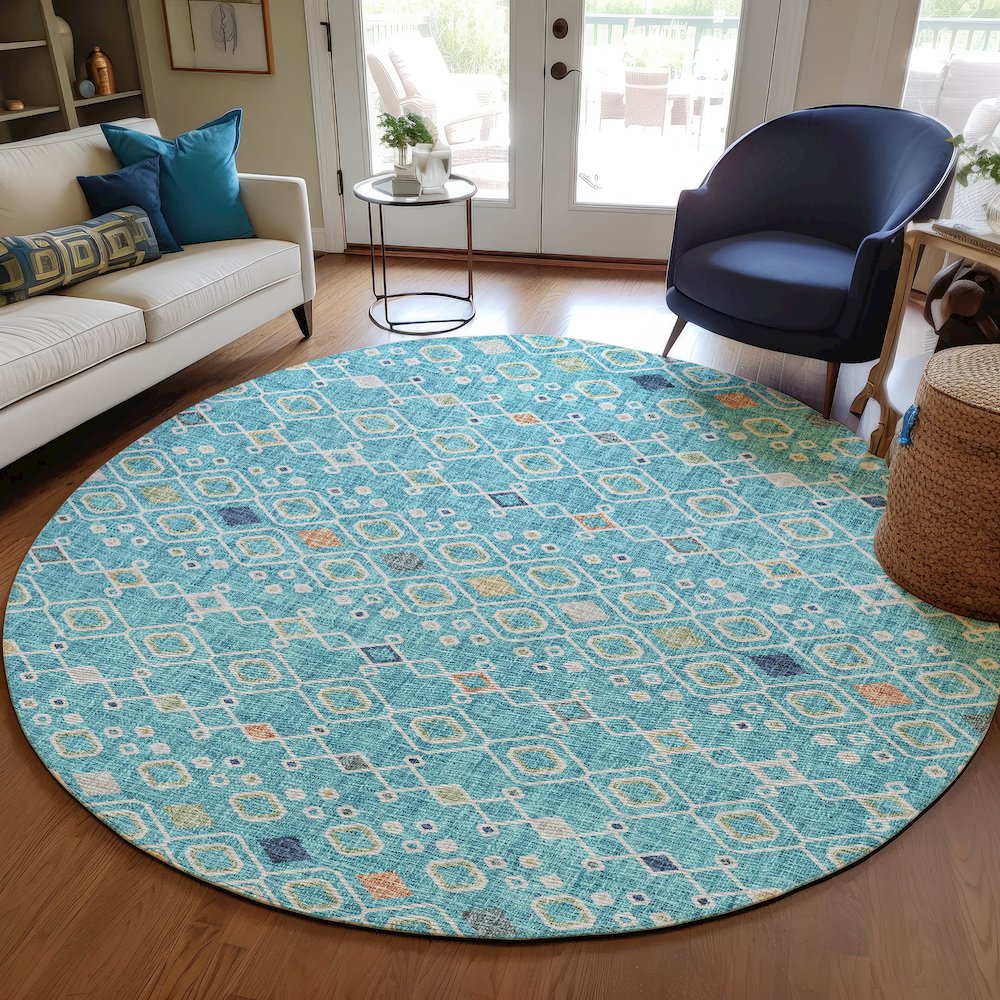 Luxury Washable Indoor/Outdoor Portico Teal 8' x 8' Round Rug. Picture 5