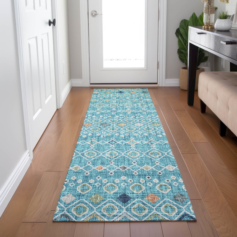 Luxury Washable Indoor/Outdoor Portico Teal 2'3" x 7'6" Runner Rug. Picture 5